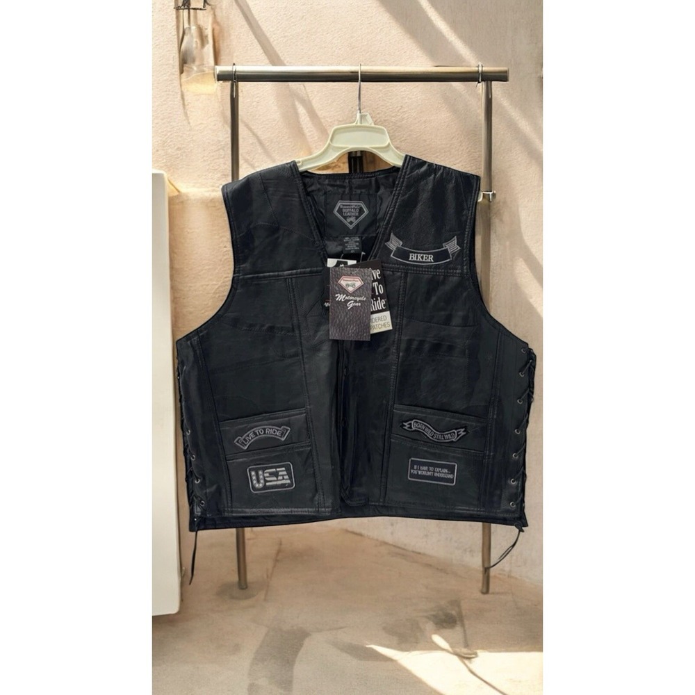 Men's 🔥DIAMOND PLATE 🤑Buffalo Leather 🖤Biker Moto Grunge Patches New Size 4x